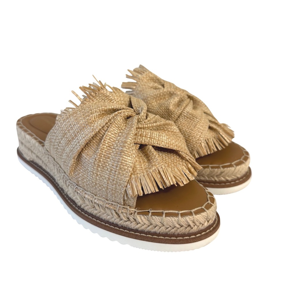 Antonio Melani Tan Raffia Knotted Fringe Espadrille Platform Slides Sandals 9.5M